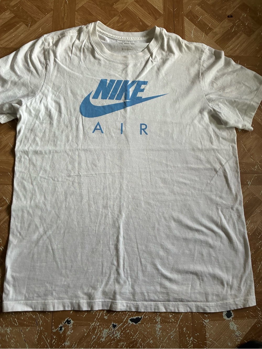 Nike White Short-Sleeve Tee with Blue Swoosh and AIR Print